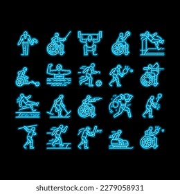 Handicapped Athlete Sport Game neon light sign vector. Basketball And Volleyball Playing Handicapped Athlete, Sportsman Swimming And Running, Play Tennis And Soccer Illustrations