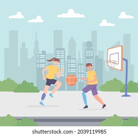 handicapped boy and girl playing basketball