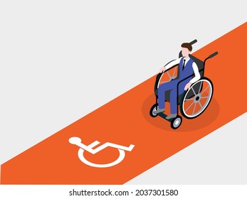 Handicapped businessman sitting on wheelchair and moving on a way with priority sign. isometric vector concept