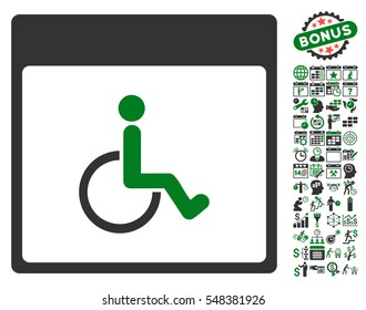 Handicapped Calendar Page icon with bonus calendar and time management graphic icons. Vector illustration style is flat iconic symbols, green and gray, white background.