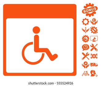Handicapped Calendar Page icon with bonus settings graphic icons. Vector illustration style is flat iconic symbols, orange, white background.