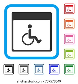 Handicapped Calendar Page icon. Flat grey iconic symbol inside a light blue rounded squared frame. Black, gray, green, blue, red, orange color variants of Handicapped Calendar Page vector.