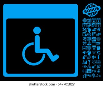 Handicapped Calendar Page pictograph with bonus calendar and time management icon set. Vector illustration style is flat iconic symbols, blue, black background.