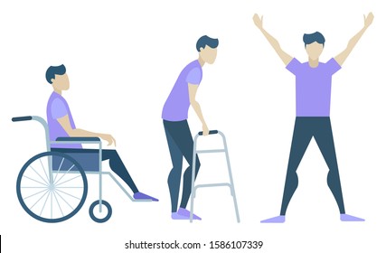 Handicapped character, recovery and rehabilitation stages isolated icons vector. Disabled man in wheelchair, with walker and healthy guy. Disability rehabilitation, invalid assistance illustration