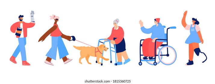 Colección de caracteres discapacitados. Personas con prótesis de piernas y manos, hombre joven sentado en silla de ruedas, muchacha ciega con perro guía y anciana con caminante aislada en fondo blanco. Vector