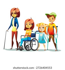 Ilustración vectorial de niños discapacitados con discapacidades. Chica discapacitada en silla de ruedas y mujer ciega en gafas negras y niño sin pierna en muleta para personas diseño de concepto de discapacidad