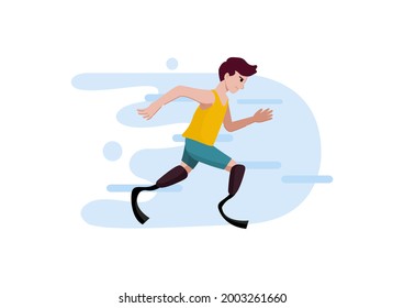 Handicapped or disabled man running with prosthetics leg, vector illustration