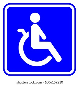 Handicapped (disabled) person seating on wheelchair. Square blue and white parking sign. Vector icon.