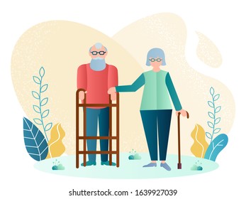 Handicapped elderly couple vector illustration. An elderly man moves with the help of a walker; he is held by the arm of his elderly wife with a cane.