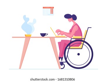 Handicapped Female Character Freelance Worker Earning Money in Internet. Disabled Woman on Wheelchair Working on Laptop with Calendar 2020 Hanging on Wall. Online Income. Cartoon Vector Illustration