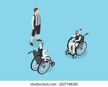 Handicapped fencers with fencing sword having fight in a competition while sitting on wheelchair. isometric vector concept