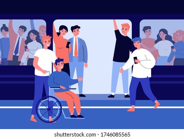 Handicapped guy and his helper travelling by subway train. Help, city transport, wheelchair flat vector illustration. Disabled people support concept for banner, website design or landing web page