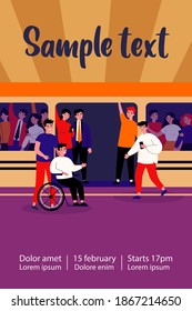 Handicapped guy and his helper travelling by subway train. Help, city transport, wheelchair flat vector illustration. Disabled people support concept for banner, website design or landing web page