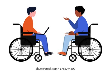 Handicapped guy sitting in a wheelchair. A disabled student holds a laptop on his lap. Characters on a white background