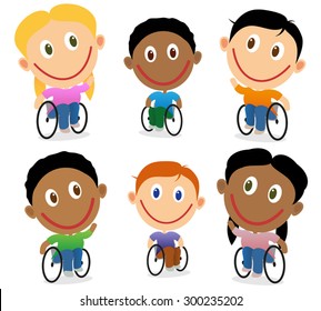 Handicapped happy children in wheelchair. Cartoon characters isolated on white. Multiracial boys and girls.