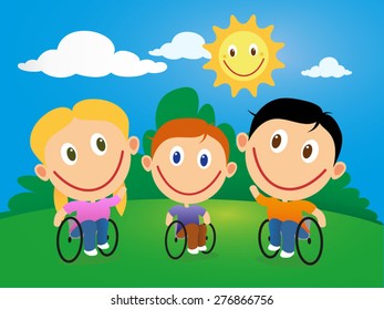 Handicapped happy children in wheelchair in a sunny day.