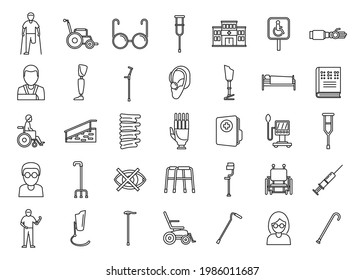 Handicapped hospital icons set. Outline set of handicapped hospital vector icons for web design isolated on white background