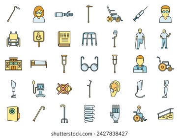 Handicapped hospital icons set. Outline set of handicapped hospital vector icons thin line color flat on white