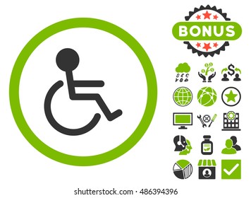 Handicapped icon with bonus elements. Vector illustration style is flat iconic bicolor symbols, eco green and gray colors, white background.