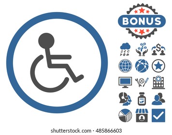 Handicapped icon with bonus images. Vector illustration style is flat iconic bicolor symbols, cobalt and gray colors, white background.