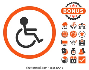 Handicapped icon with bonus pictogram. Vector illustration style is flat iconic bicolor symbols, orange and gray colors, white background.