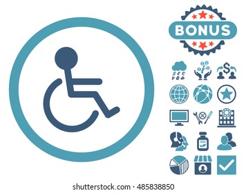 Handicapped icon with bonus symbols. Vector illustration style is flat iconic bicolor symbols, cyan and blue colors, white background.