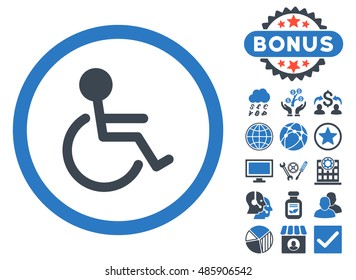 Handicapped icon with bonus symbols. Vector illustration style is flat iconic bicolor symbols, smooth blue colors, white background.