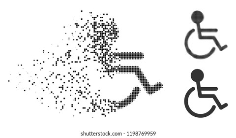 Handicapped icon in fractured, pixelated halftone and undamaged whole variants. Particles are arranged into vector disappearing handicapped icon. Disintegration effect uses square pixels.