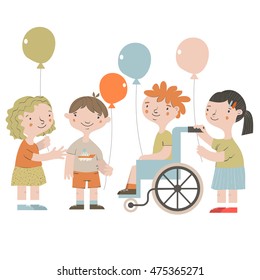 Handicapped kids with friends. Special needs children. Vector illustration.