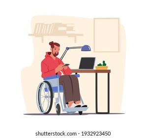 Handicapped Male Character on Wheelchair at Home Looking on Screen of Smartphone Writing Messages or Watch Video on Mobile Phone in Internet. Gadget Communication Concept. Cartoon Vector Illustration