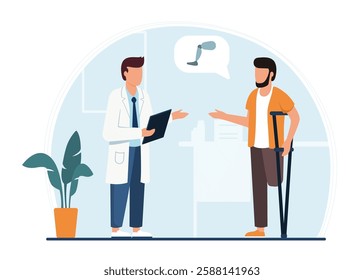 Handicapped man with crutches visiting doctor for leg prosthesis. Patient communicate with medic in hospital office. Minimalist silhouette scene. Hand drawn cartoon characters. Vector illustration.