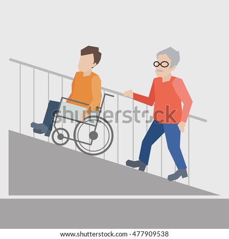 Handicapped man and elderly man walking up slope of building vector.