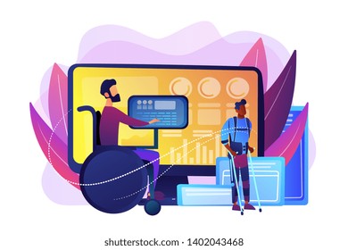 Handicapped man in wheelchair. Injured character rehabilitation. Assistive technology, devices for disabled people, adopted technologies concept. Bright vibrant violet vector isolated illustration
