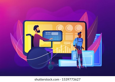 Handicapped man in wheelchair. Injured character rehabilitation. Assistive technology, devices for disabled people, adopted technologies concept. Bright vibrant violet vector isolated illustration