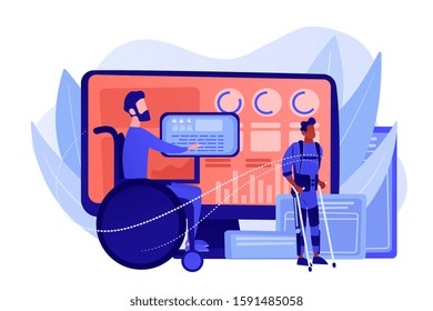 Handicapped man in wheelchair. Injured character rehabilitation. Assistive technology, devices for disabled people, adopted technologies concept. Pinkish coral bluevector isolated illustration