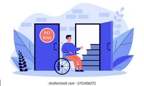 Handicapped man in wheelchair looking at staircase. Help, restriction, inability flat vector illustration. Social problem and assistance concept for banner, website design or landing web page