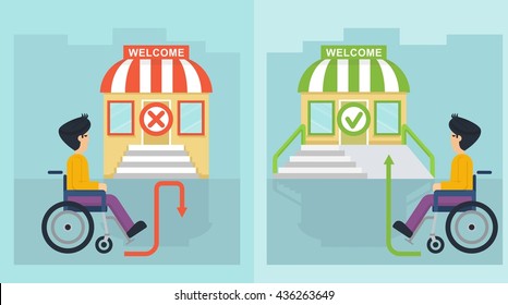 Handicapped men near the store. Special needs disabled person. Objects isolated on a white background. Flat vector illustration.