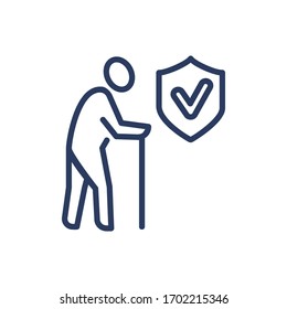 Behinderte alte Person dünne Linie Symbol. Hilfe, alter Mann einzeln Umriss Schild. Konzept der älteren Menschen und der Lebensversicherung. Vektorillustration-Symbolelement für Webdesign und Apps