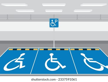 Aparcamiento para minusválidos. Espacio de estacionamiento desactivado. Espacio de estacionamiento para sillas de ruedas para personas con movilidad reducida. Ilustración vectorial. 