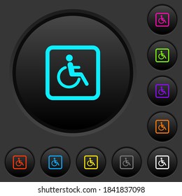 Handicapped parking dark push buttons with vivid color icons on dark grey background