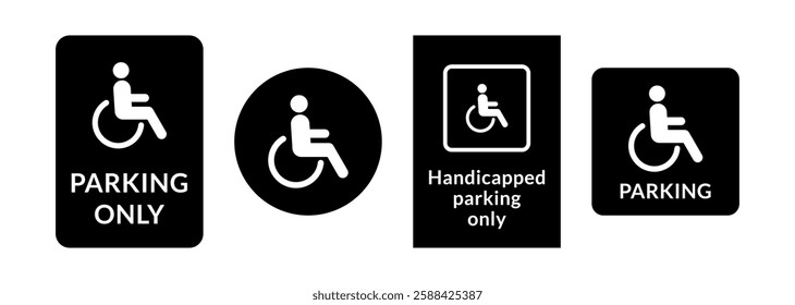 Handicapped parking only signs set on white background in flat design style. Wheelchair ramp access icons, buttons. Person with disability icons. 