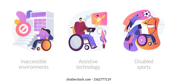 Handicapped People Accessibility Flat Icons Set. Disabled Activity. Inaccessible Environments, Assistive Technology, Disabled Sports Metaphors. Vector Isolated Concept Metaphor Illustrations.