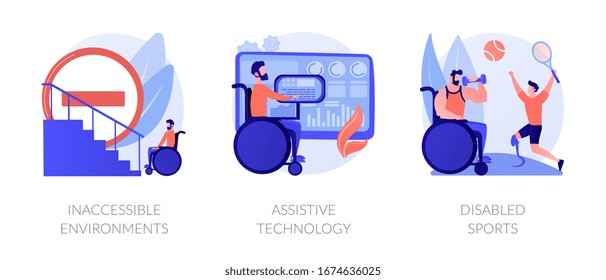 Handicapped people accessibility flat icons set. Disabled activity. Inaccessible environments, assistive technology, disabled sports metaphors. Vector isolated concept metaphor illustrations.