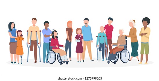 Handicapped people. People with disabilities happy friendly family. Disable injury persons with assistants. Vector characters