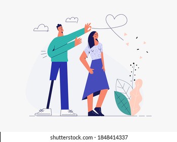 Handicapped people flat vector illustration. Disabled persons, couple of in love character with disability, portrait special man, handicap friends. Simple trendy drawing isolated on white background