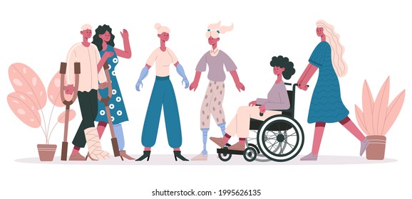 Handicapped people. Group of disabled characters, friendly disable persons isolated vector illustration. Disabled people group. Handicapped and disability in wheelchair, handicap and disabled