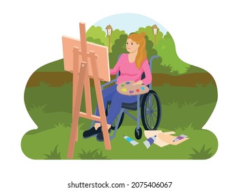 Handicapped people lifestyle flat composition with view of city park with female painter drawing in wheelchair vector illustration