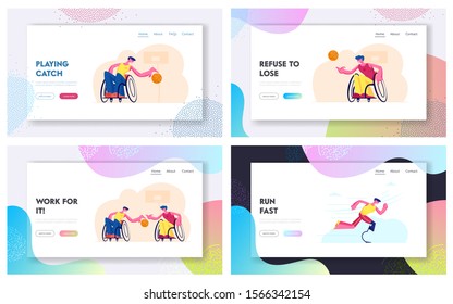 Handicapped People Post-Accident Recovery, Rehabilitation Exercises Website Landing Page Set. Disabled Men Playing Basketball, Running on Stadium Web Page Banner. Cartoon Flat Vector Illustration