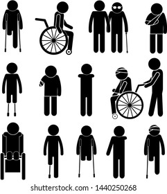 Handicapped People in Society. Reabilitation Process Concept. Stick Figure Pictogram Icon