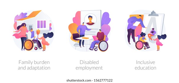 Handicapped people support and rehabilitation flat icons set. Social adaptation of disabled people, disabled employment, inclusive education metaphors. Vector isolated concept metaphor illustrations.